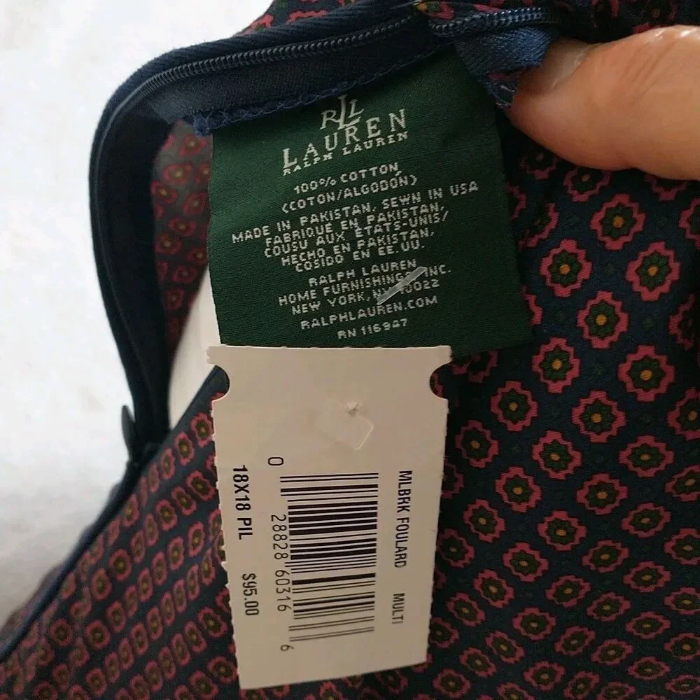 Lauren Ralph Lauren Corded Accent Pillow Blue Red Floral Fabric Zip Square 18x18